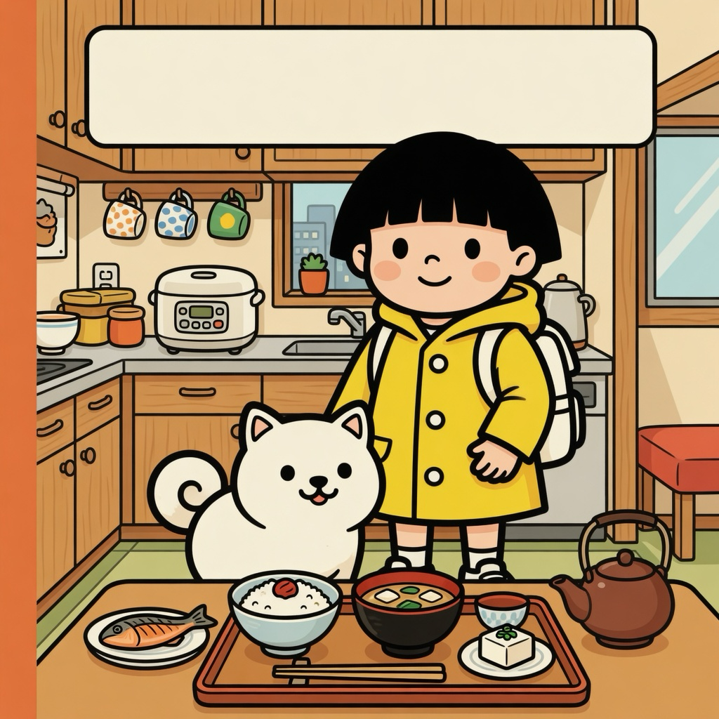 Little Tokyo colouring book cover: Mika, Mochi and a breakfast tray in a compact Tokyo kitchen