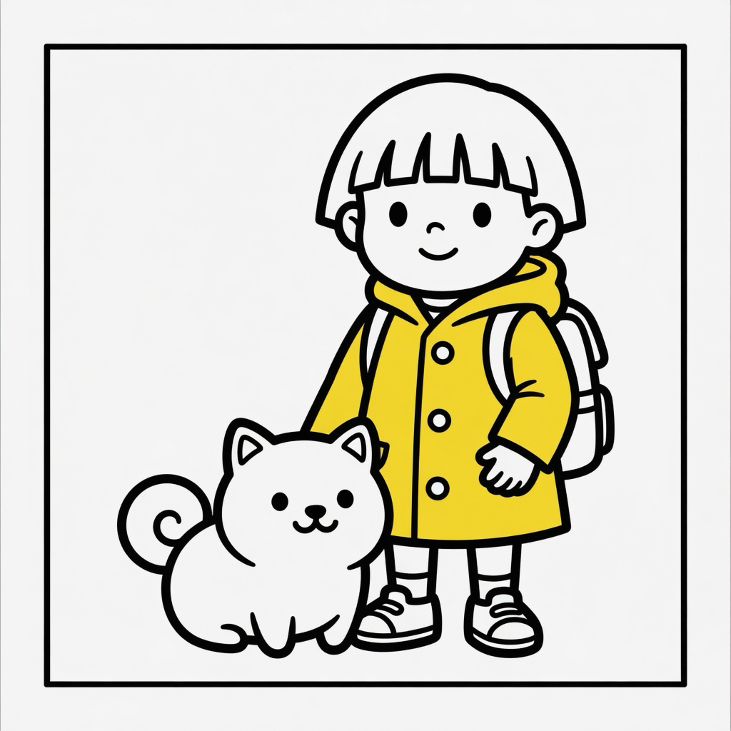Mika in a yellow raincoat with Mochi the round white dog